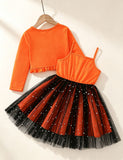 Halloween Witch Print Tulle Dress + Cardigan Set