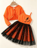Halloween Witch Print Tulle Dress + Cardigan Set