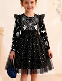 Halloween Spider Web Print Long-Sleeve Tulle Dress