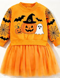 Halloween Pumpkin Ghost Print Seatshirt + Tutu Skirt Set