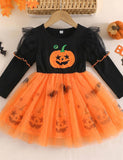 Halloween Bat Pumpkin Print Tulle Dress