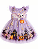 Halloween White Bat & Pumpkin Tulle Party Dress