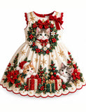 Christmas  Kittens & Gifts Bow Party Dress