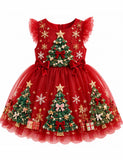 Christmas Tree Appliqué Bow Tulle Dress