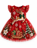 Christmas Reindeer Embroidery Gift Sled Tulle Party Dress