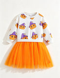 Halloween Thanksgiving Pumpkin Print Sweatshirt + Tulle Skirt Set