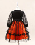 Halloween Skull Print Long Sleeve Tulle Dress