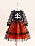 Halloween Skull Print Long Sleeve Tulle Dress