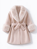 Elegant Beige Faux Fur Trim Belted Coat