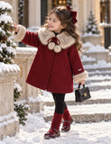 Burgundy Faux Fur Collar Wool Coat