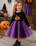 Halloween Magic Pumpkin Applique Tulle Long Sleeve Dress