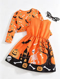Halloween Print Dress + Cardigan Set