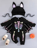 Halloween Skeleton Bat Long-sleeved One-piece Baby Climbing Suit + Hat