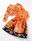 Halloween Print Dress + Cardigan Set