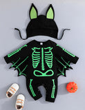 Halloween Skeleton Bat Long-sleeved One-piece Baby Climbing Suit + Hat