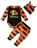 Halloween Pumpkin Print Long-sleeved Romper + Trousers + Hat Set