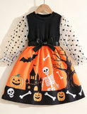 Halloween Print Long Sleeve Tulle Bow Dress