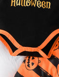 Halloween Pumpkin Print Long-sleeved Romper + Trousers + Hat Set