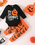 Halloween Pumpkin Print Long-sleeved Romper + Trousers + Hat Set