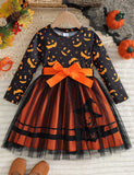 Halloween Pumpkin Smiley Print Long Sleeve Tulle Dress