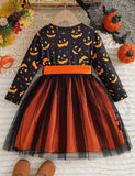 Halloween Pumpkin Smiley Print Long Sleeve Tulle Dress