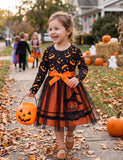 Halloween Pumpkin Smiley Print Long Sleeve Tulle Dress