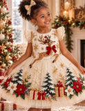 Christmas Reindeer Embroidery Snowy Forest Tulle Party Dress