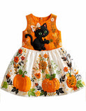 Halloween Cute Black Cat & Pumpkin Party Dress
