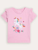 Fuchsiarosa T-Shirt mit Einhorn-Applikation und Rüschen an der Schulter