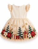 Christmas Reindeer Embroidery Snowy Forest Tulle Party Dress