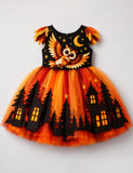 Halloween Owl & Haunted House Tulle Party Dress
