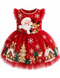 Christmas Santa Claus & Reindeer Appliqué Tulle Party Dress