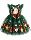 Christmas Wreath White Owl Bow Tulle Dress