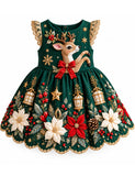 Christmas Reindeer Appliqué Bow Party Dress