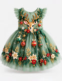 Christmas Floral Reindeer Embroidery Tulle Dress
