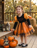 Halloween Long Sleeve Bat Pumpkin Ghost Print Tulle Dress