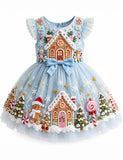Christmas Gingerbread House Appliqué Bow Tulle Dress