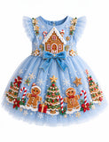 Snowflake Gingerbread House Appliqué Bow Tulle Dress