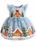 Christmas Gingerbread House Appliqué Bow Tulle Dress