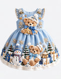 Winter Snow Teddy Bears Embroirdery Party Dress