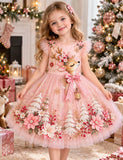 Christmas Reindeer Appliqué Floral Bow Tulle Dress