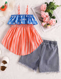Independence Day Stars and Stripes Flag Asymmetrical Shoulder Overalls + Denim Shorts Set