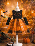 Halloween Long Sleeve Bat Pumpkin Ghost Print Tulle Dress