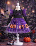 Halloween Long Sleeve Bat Pumpkin Ghost Print Tulle Dress