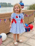 Independence Day Blue Plaid Embroidered Bow Dress