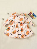 Halloween Pumpkin Bat Print Long Sleeve Dress