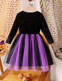 Halloween Magic Pumpkin Applique Tulle Long Sleeve Dress