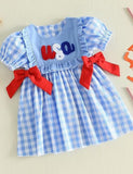 Independence Day Blue Plaid Embroidered Bow Dress