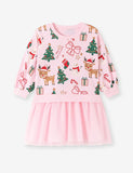 Christmas Print Sweater Stitching Tulle Dress