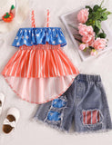 Independence Day Stars and Stripes Flag Asymmetrical Shoulder Overalls + Denim Shorts Set